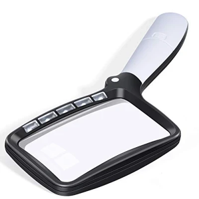 Image of Kaome Rectangular Magnifying Glass with Light Magnifier Large Foldable Handheld 5 LED, 2 Dimming Modes, 2X Reading for Seniors Low Vision Books Pages Magazines Newspapers Maps Jewelry