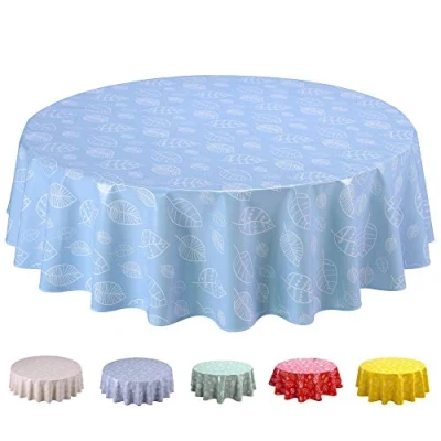 Image of Home Direct Round Oilcloth PVC Wipe Clean Tablecloth 140cm 55&quot; Leaves (Baby Blue)