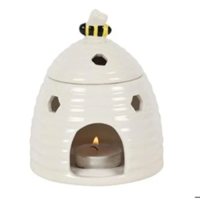 Image of Whimsical White Beehive Oil Burner 14cm x 11cm (1 Pack) Adorable Ceramic Design with Sweet Bee Accent Suitable for Fragrance Oils and Wax Melts