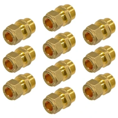 Image of SPARES2GO Compression Connector 10mm x 3/8&quot; BSP Male Straight Brass Pipe Coupler Adaptor Fitting (Pack of 10)