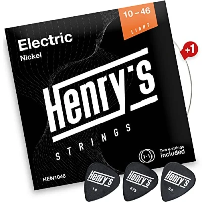 Image of HENRYS Electric Guitar Strings 10 46 Extra E1 String &amp; 3 Picks Free Perfect For Blues Jazz Metal 6 Set Gauge Light