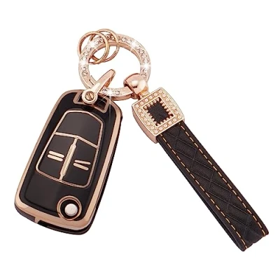 Image of Koaudb Car Key Fob Cover Case Shell Fit for Vauxhall Opel Corsa Astra Vectra Zafira Signum Meriva Tigra Insignia Combo 2 Buttons Flip Folding with Leather Keychain Lanyard (BP Opl 2F)