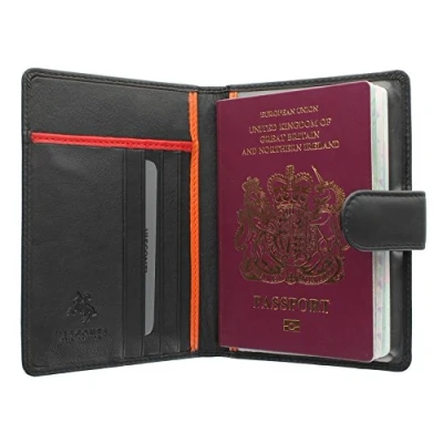 Image of VISCONTI Bond Collection ODDJOB Leather Passport Holder with Tab Closure RFID Blocking BD15 Black/Orange/Red