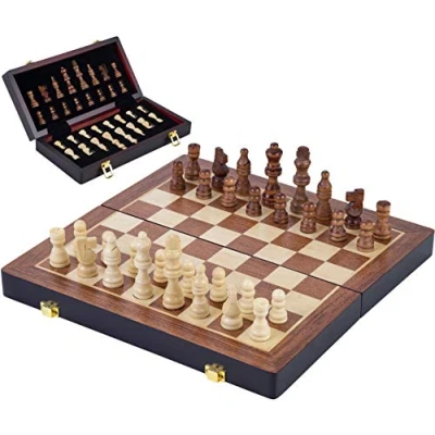 Image of Engelhart 150205 Luxury Chess Set in Solid wood folding table with nice carved pieces Ash (24.5 cm)