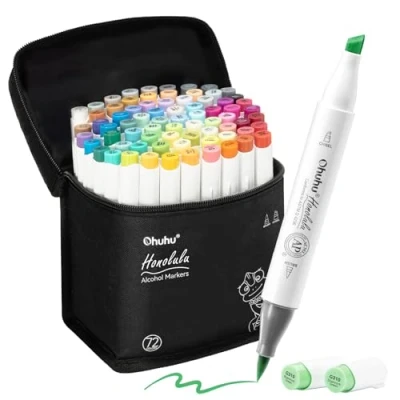 Image of Ohuhu 72 Colour Art Markers Set, Dual Tip, Brush &amp; Chisel Sketch Marker for Artist, Students, Sketching, Adult Coloring, Calligraphy, Drawing and Illustration