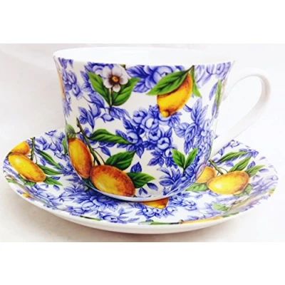 Image of Italian Lemons Breakfast Cup &amp; Saucer Fine Bone China Large Set Hand Decorated in The U.K.
