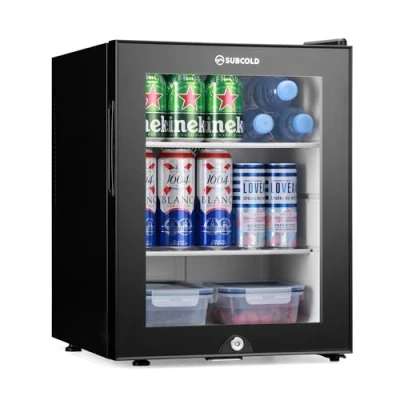 Image of Subcold Aire40 G LED Mini Fridge 40L Table Top Model Quiet Frost Free for Bedrooms &amp; Hotels Lockable with Glass door interior light (Black)