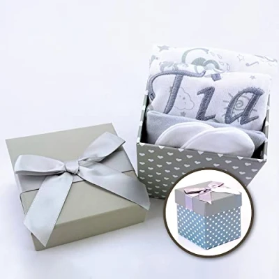 Image of Personalised Baby Gifts New Gift Personalised, Boy Gifts, Born Essentials with Bibs for Babies Small Grey Keepsake Box