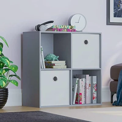 Image of Vida Designs Durham Cube Bookcase Storage Organiser Living Room Bookshelf Home Office Furniture (4 &amp; 2 White Baskets, Grey)