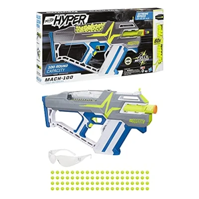 Image of Nerf Hyper Mach 100 Fully Motorised Blaster Includes 80 Rounds, Up to 110 FPS Velocity, Easy Reload, Holds Rounds. Age 14+
