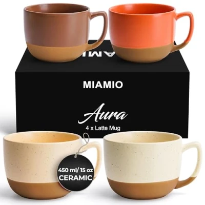 Image of MIAMIO 450 ml, Set of 4 Ceramic Latte Mug Elegant Modern Coffee for Cafe, Latte, Tea, Hot Cocoa Drinks Dishwasher &amp; Microwave Safe Perfect Home and Office Aura Collection