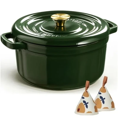 Image of Overmont 26cm Enameled Cast Iron Dutch Oven 5L Pot with Lid Cookbook &amp; Cotton Potholders Heavy Duty Cookware for Braising, Stews, Roasting, Bread Baking burgundy, Green