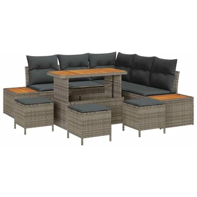 Image of vidaXL 9 Piece Garden Sofa Set with Cushions Grey Poly Rattan Acacia