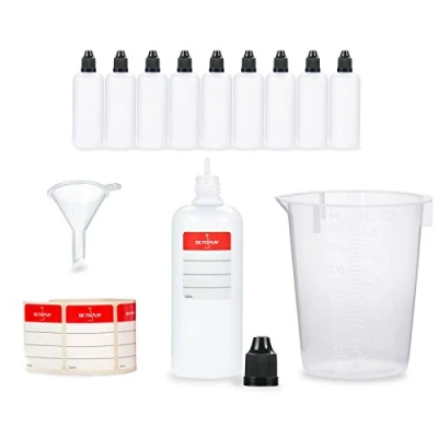Image of Octopus 10 x 100ml Plastic Bottles (LDPE) with Black Lids, Funnel + Measuring Cup Labels. Dosing Bottles, Dropper or Squeeze