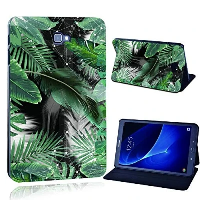 Image of FINDING Case Fit Galaxy Tab A A6 10.1 T580 T585 Leather Cover PU Flip Smart Lightweight Shell Stand for (green feather and leaf)