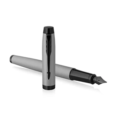 Image of Parker IM Black Edition Premium Fountain Pen Achromatic Matte Grey with Trims Fine Nib Ink Gift Boxed