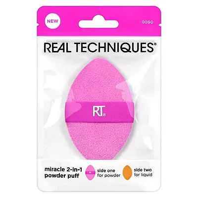 Image of Real Techniques Miracle 2 In 1 Powder Puff, Dual Sided, Full Size Makeup Blending Reversible Elastic Band, Precision Tip Sponge and For Liquid, Cream Powder, Count