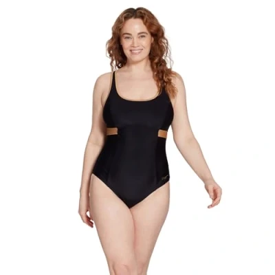 Image of Zoggs Women&#039;s Dakota Crossback Eco Fabric One Piece Swimsuit, Swimming Costume Black/Gold