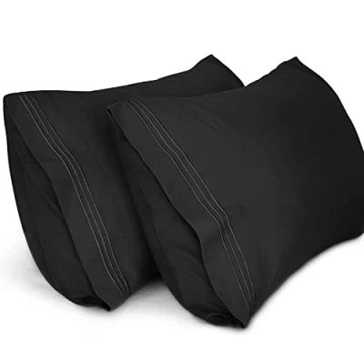 Image of Lirex Pillow Cases (2 Pack), 1800 Thread Count Embroidered Queen Size Soft Brushed Microfiber Pillowcases, Machine Washable Wrinkle Free Breathable, Black, (50x75 cm)