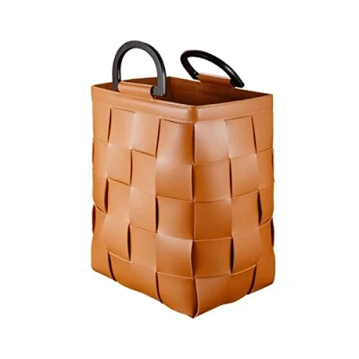 Image of ALSAM Large Laundry Basket with Handles, Hamper, Leather Storage Bin for Dirty Clothes (Grey : Orange)