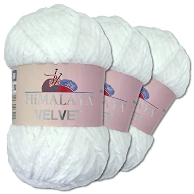 Image of Wohnkult Himalaya 3 x 100 g Velvet Dolphin Wool, 40 Colours to Choose From, Chenille Knitting Yarn, Fleece Shiny Accessory, Clothing, Blankets (90001 Snow White)