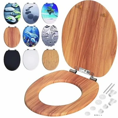 Image of CASARIA® Wood Effect Double Soft Close Toilet Seat MDF Core Hygienic Stainless Steel Hinges 175kg Capacity Wooden Bathroom Standard D Shape Slow Top Lid Seats