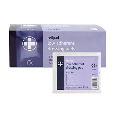 Image of Reliance Medical Relipad First Aid Sterile Dressing Low Adherent, Absorbent Pads for Minor Abrasions, Lacerations and Wounds, 5 cm x cm, Pack of 100