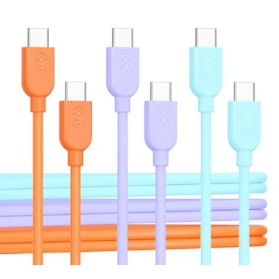Image of Cable Matters 3 Pack Multi Color Flexible Short USB C Charging with 60W Power Delivery 0.3m (USB to Cable) in Orange, Blue, and Purple, Compatible iPhone 15, Samsung Galaxy S23