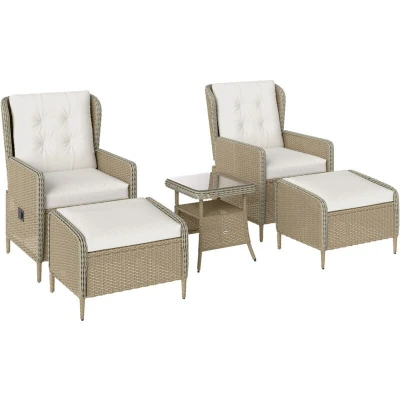 Image of Outsunny 5 Piece Rattan Garden Furniture Set with Recliner Chairs, Wicker Patio Conversation Footstools, 2 Tier Glass Top Coffee Table, Cushions for Outdoor, Balcony, Porch, Light Grey