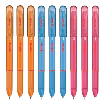 Image of rOtring Gel Rollerball Pens Medium Point 0.7mm Rubber Grip Pack of 9 Light Blue, Orange, Pink Ink Smooth Quick Drying