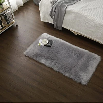 Image of Cumay Super Soft Fluffy Faux Sheepskin Rug, Shaggy Silky Plush Carpet For Bedrooms Rugs Living Room Kids Rooms Decor Bedside (31.5 x 70.8 inch, Gray)