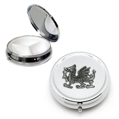 Image of Knight Silver Round Pill Box with Pewter Welsh Dragon