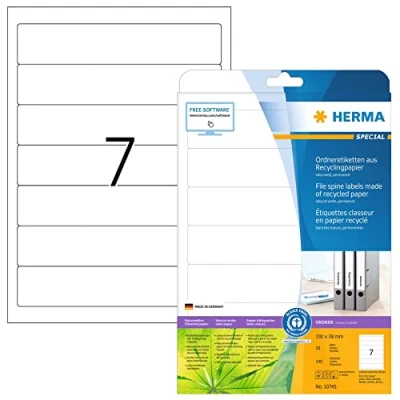 Image of HERMA Self Adhesive Recycled Spine Labels, 7 Labels per A4 Sheet, 20 Sheets, 192 x 38 mm, 140 Blank Lever Arch File Folder Stickers, for Laser &amp; Inkjet Printer, Natural White
