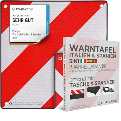 Image of PLANGER® Warning Sign Italy and Spain 2in1 (50 x 50 cm) Reflective Red White for Rear Carrier Bicycle