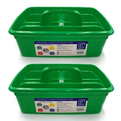 Image of Cleaning Caddy Tray Box Housekeeping Cleaners Tote Basket with Handle Carry Grips Ideal Under Sink Kitchen Storage for Products Carrier Tool Organiser (Green 2 Pack)