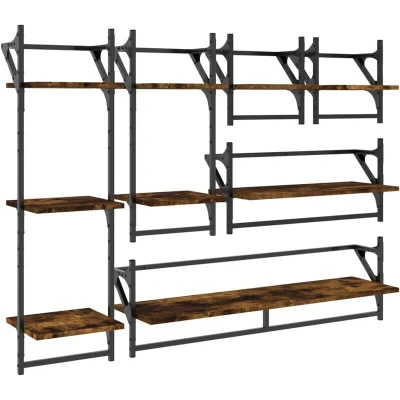 Image of vidaXL 6 Piece Wall Shelf Set with Bars Smoked Oak Engineered Wood