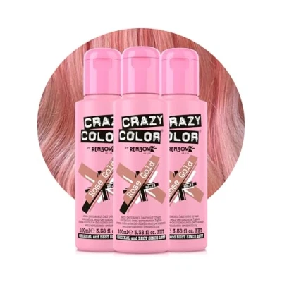 Image of Crazy Color Metallic Rose Gold Semi Permanent Trio Hair Dye. Highly Pigmented Peach Conditioning &amp; Oil Nourishing Vegan Formula No Bleach or Ammonia 300ml