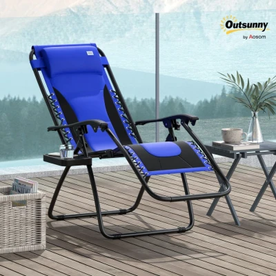 Image of Outsunny Zero Gravity Lounger Chair, Folding Reclining Patio Chair with Padded Seat, Cup Holder, Soft Cushion and Headrest for Poolside, Camping, Blue
