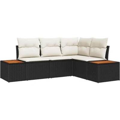 Image of vidaXL 4 Piece Garden Sofa Set with Cushions Black Poly Rattan Acacia