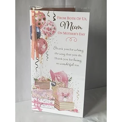 Image of From Both Of Us Mum On Mother&#039;s Day Mothers Card Pink/Gold Balloons/Presents/Words Ribbon/Foil Detail(PRELUDE47682)