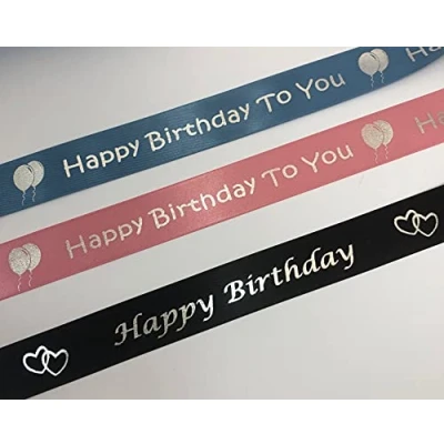 Image of 25mm Blue satin ribbon printed with &#039;Happy Birthday&#039; in metallic silver, 1 metre cut from roll