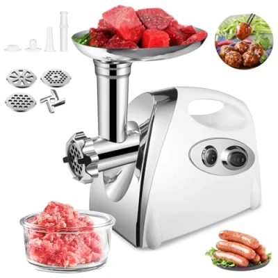 Image of LUKVCIY Electric Meat Mincer Grinder and Sausage Maker,2800 W Copper Motor, &amp; Stuffer,3 Different Cutting Plates,Sausage Kubbe Kit (White)