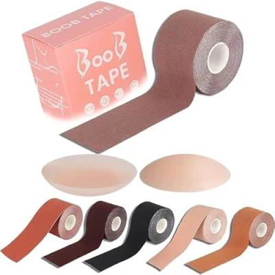 Image of SELLY Boob Tape, Bob Tape for Large Breasts, Self Adhesive Strapless Boobtapes with 2 Pcs Nipple Covers, 5M Stretchable Longer Than Regular Roll, Perfect to Stick on Bra (New Skin)