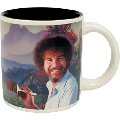 Image of The Unemployed Philosophers Guild Bob Ross Heat Transforming Color Changing Reveal Mug Add Coffee or Tea and a Happy Little Scene Appears Comes in Fun Gift Box