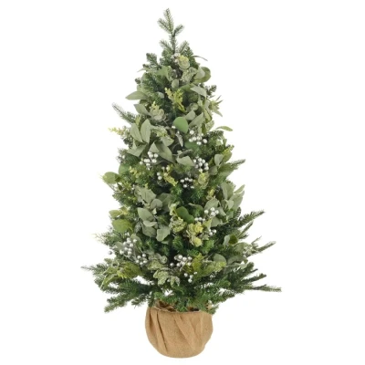 Image of Mr Crimbo Pre Lit Small Christmas Tree 100 Warm White Lights Green Frost Leaves Silver Berries 110cm