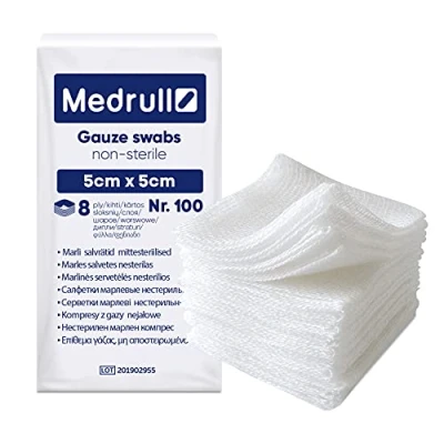 Image of Medrull Gauze Swabs Pack of 100 Compresses 5 cm x Non Sterile 8 Ply Wound Dressing