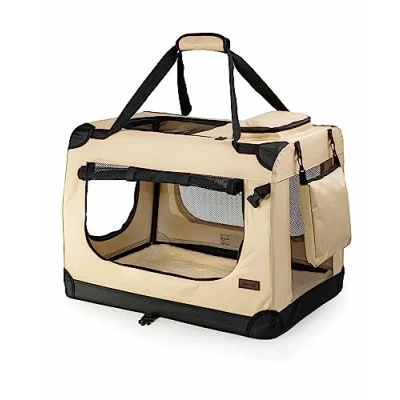 Image of lionto Pet Carrier Foldable Dog Transport Box Car Crate Small Animal Carrier, (M) 60x42x44 cm beige