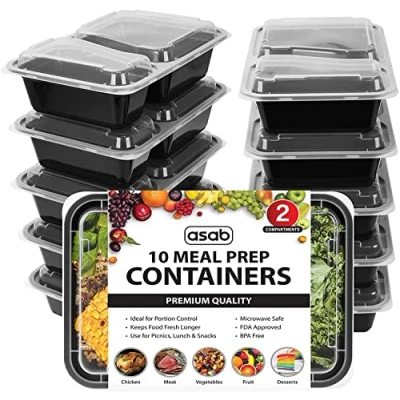 Image of ASAB 10 Meal Prep Containers Reusable BPA Free Plastic Food Microwave Freezer and Dishwasher Safe Boxes Takeaway with Lids 2 Compartment