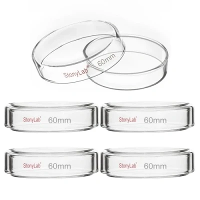 Image of stonylab Glass Petri Dish with Lid, 5 Pack Borosilicate Cell Culture Clear Autoclavable for Laboratory, 60x15 mm