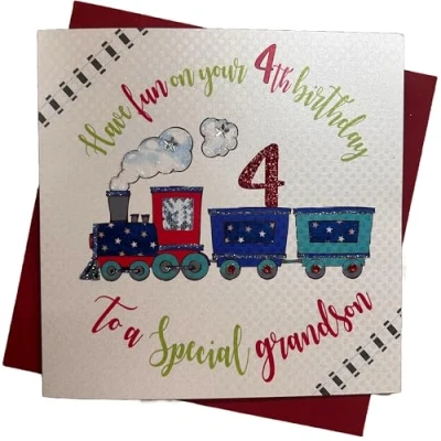 Image of white cotton cards Train, Special Grandson Happy 4&quot; Handmade 4th Birthday Card, White, WB90 4